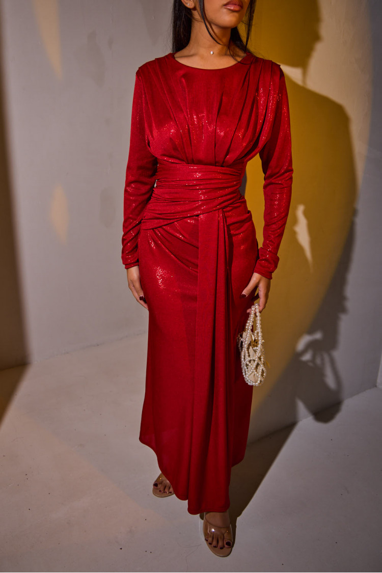 Red mermaid dress with sequins and draped yoke