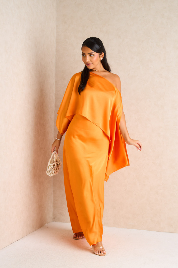 2-piece set dress + orange satin poncho