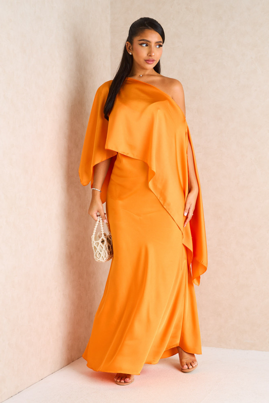 2-piece set dress + orange satin poncho