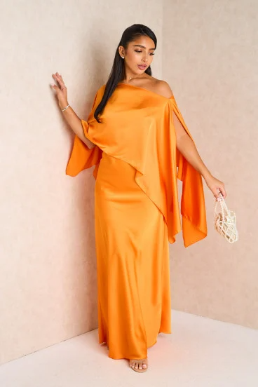 2-piece set dress + orange satin poncho