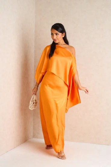 2-piece set dress + orange satin poncho