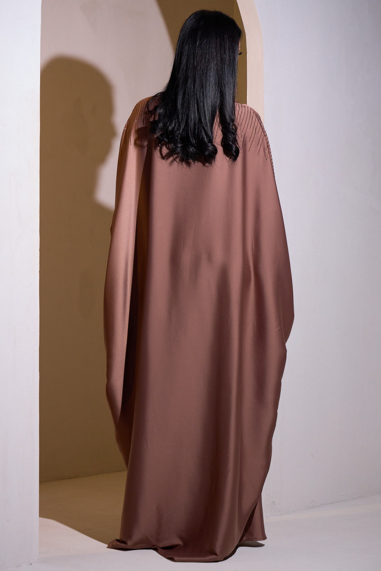 Coffee abaya with rhinestones on the collar and sleeves