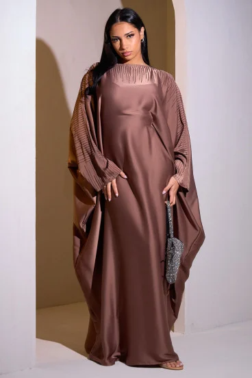 Coffee abaya with rhinestones on the collar and sleeves