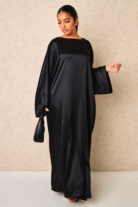 Black satin abaya with rhinestones