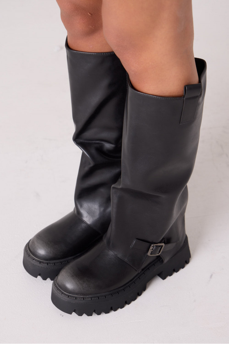 Black Faux Leather Overlay Boot