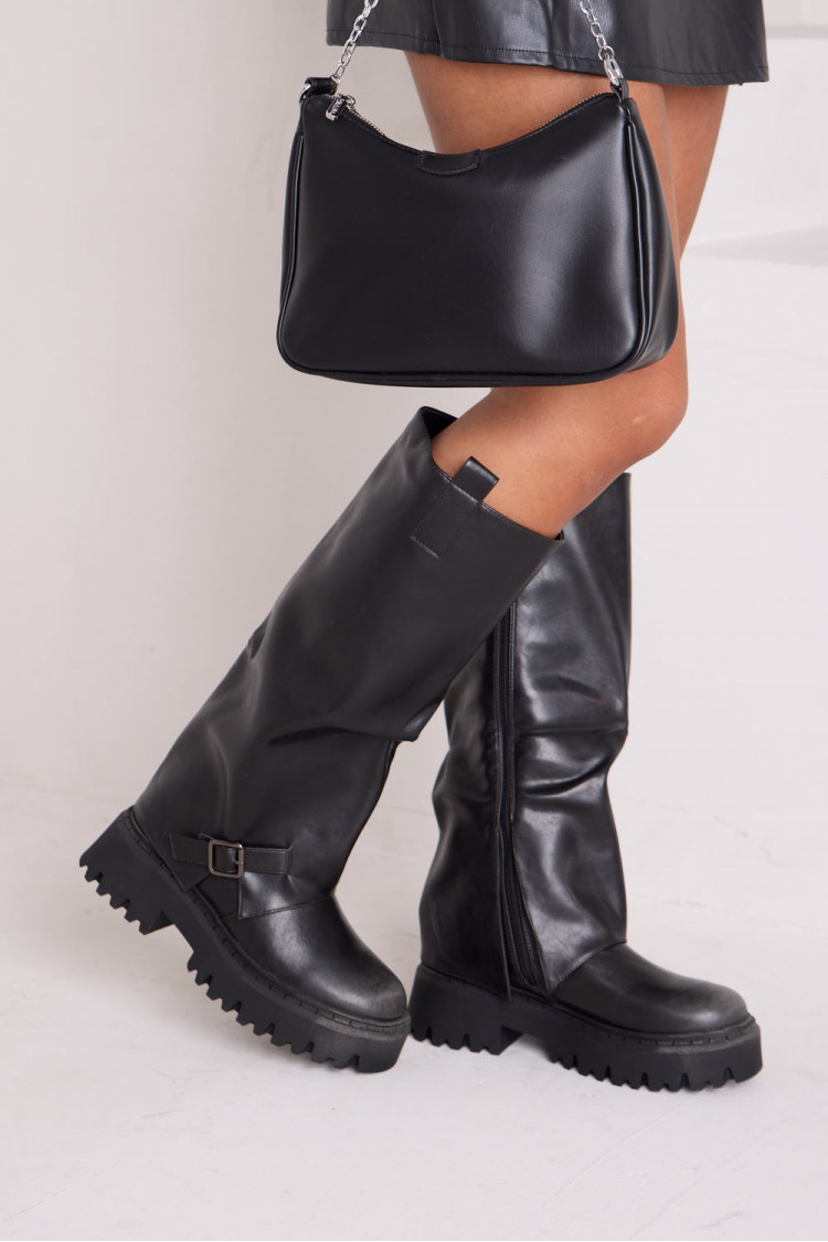 Black Faux Leather Overlay Boot