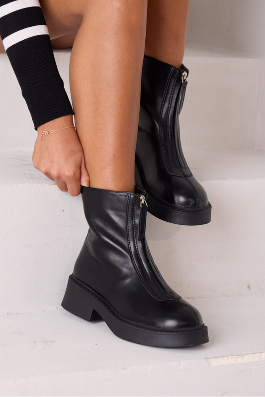 Black faux leather insert ankle boots with zipper