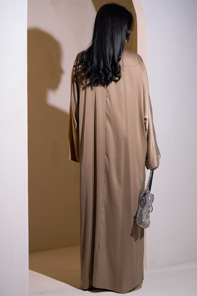 2-piece set abaya + satin kimono with brown rhinestones