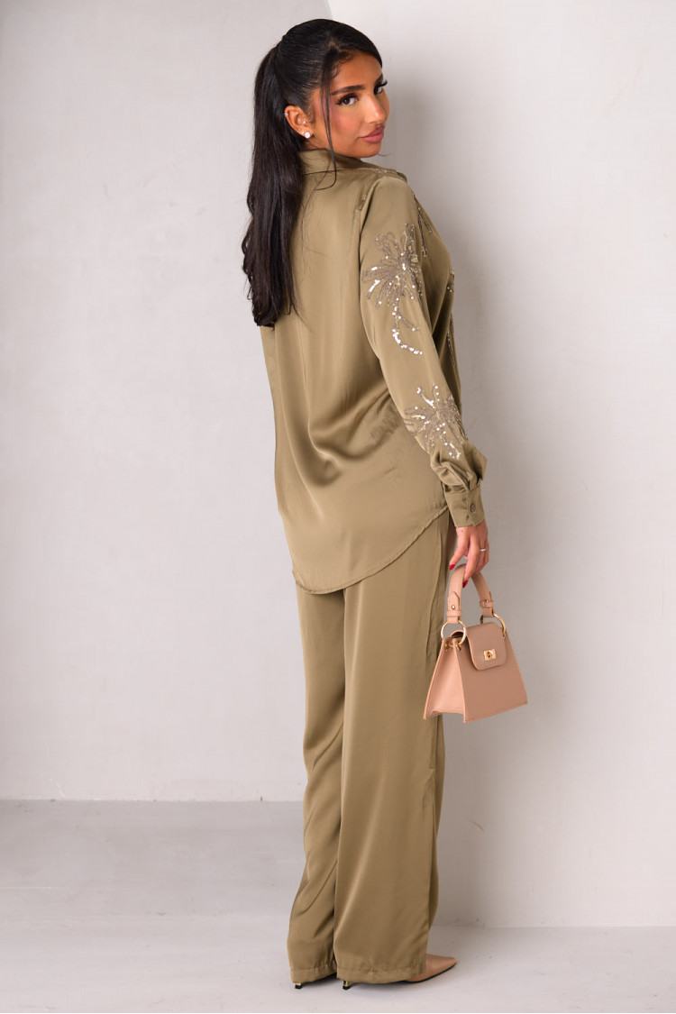 2-piece set of khaki satin sequin shirt + pants