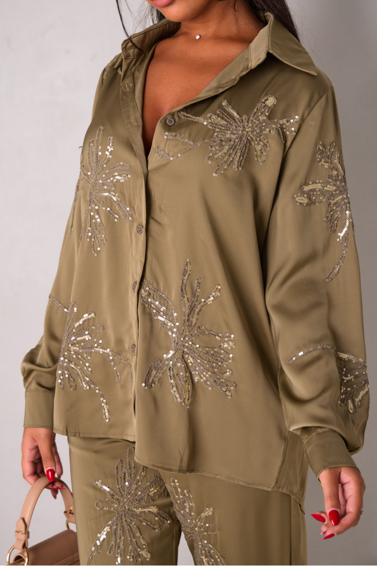 2-piece set of khaki satin sequin shirt + pants