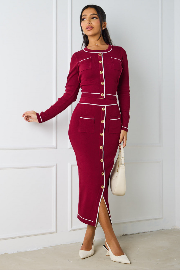 2-piece set: burgundy sweater + skirt with white details