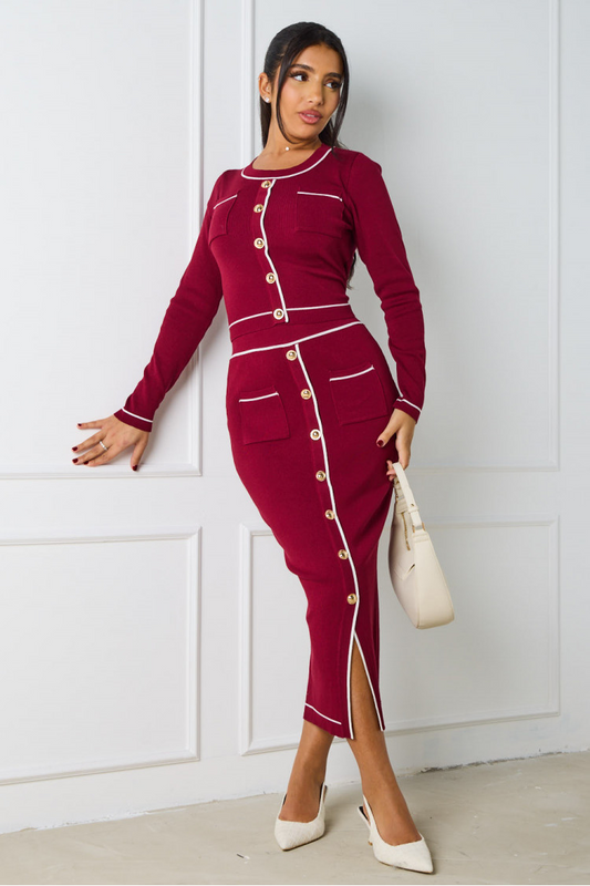 2-piece set: burgundy sweater + skirt with white details