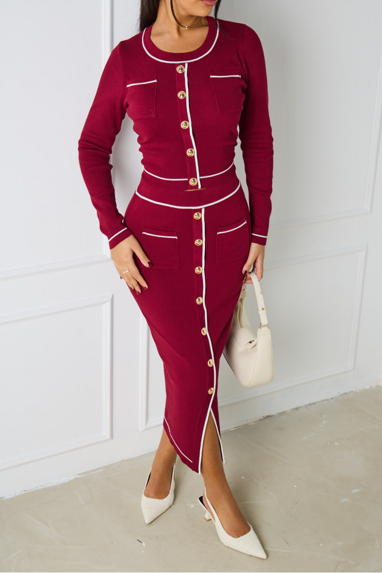 2-piece set: burgundy sweater + skirt with white details