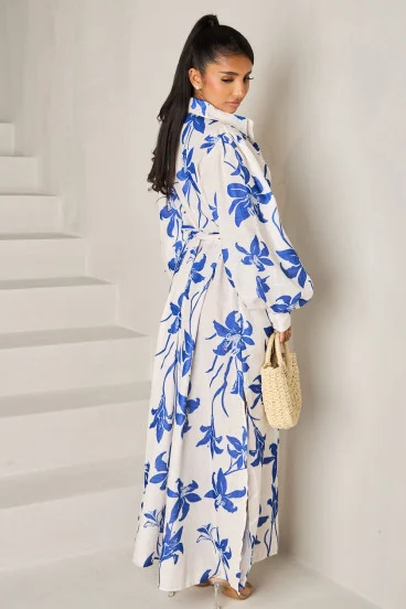 Loose-fitting, adjustable back dress with beige and dark blue floral pattern