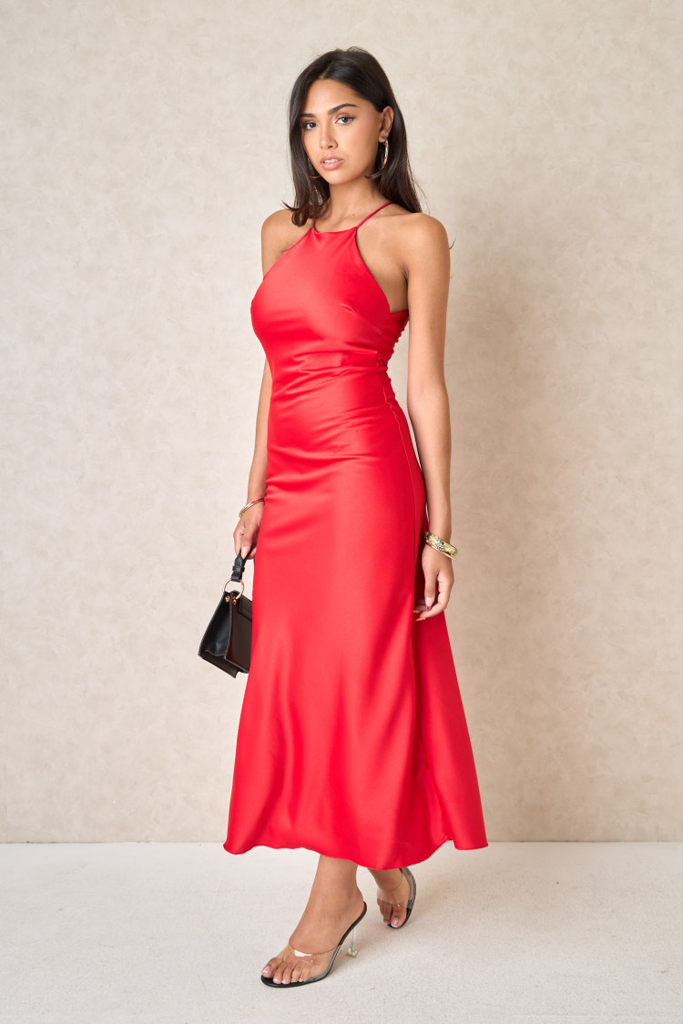 Red satin high-neck dress