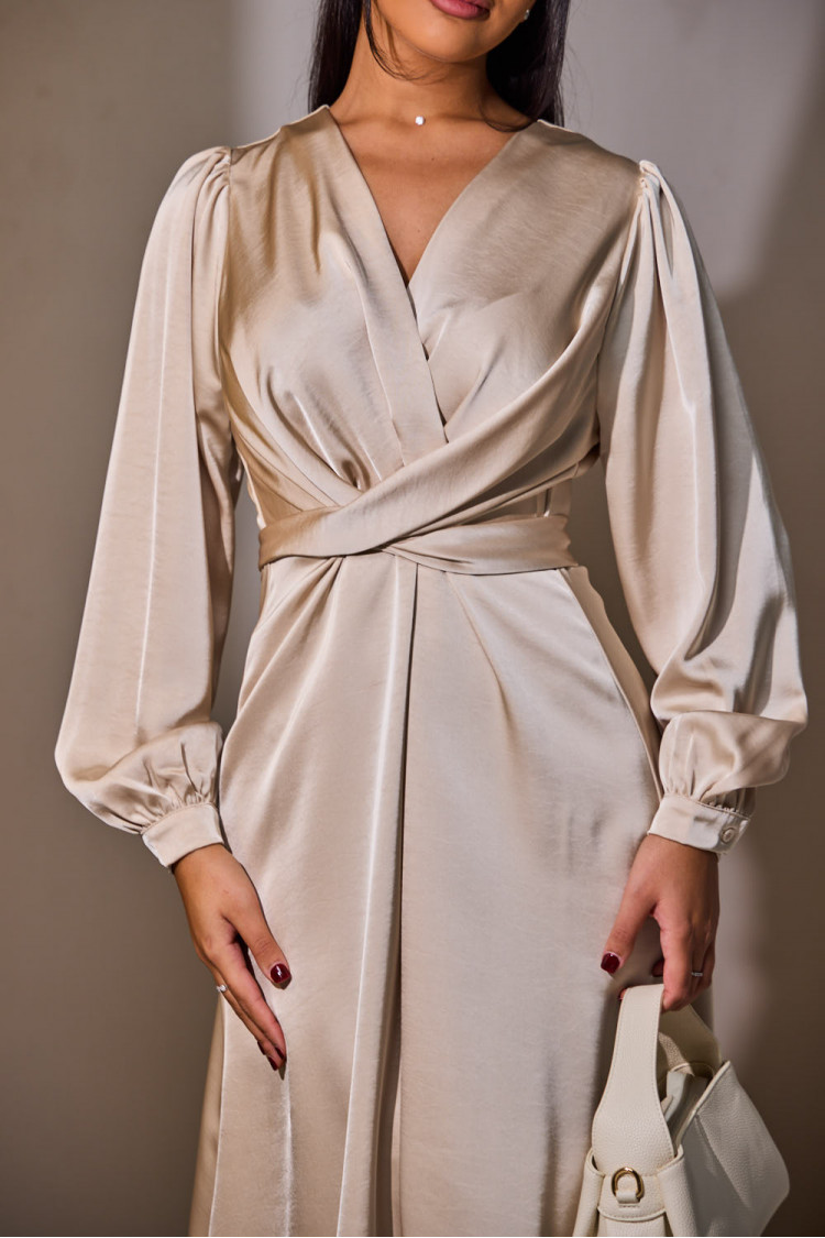 Beige satin belted dress