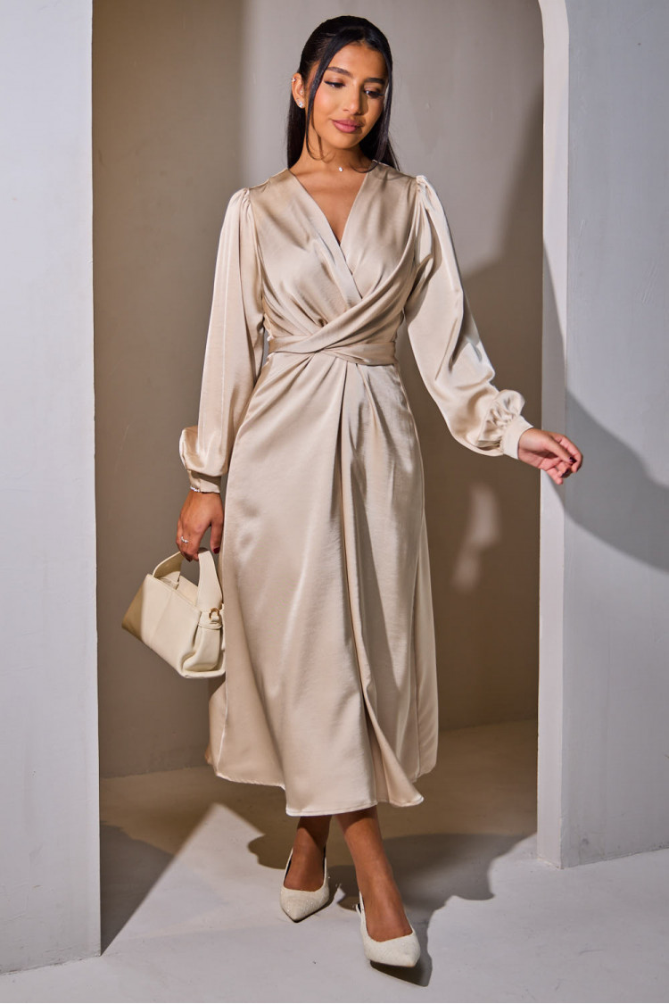 Beige satin belted dress