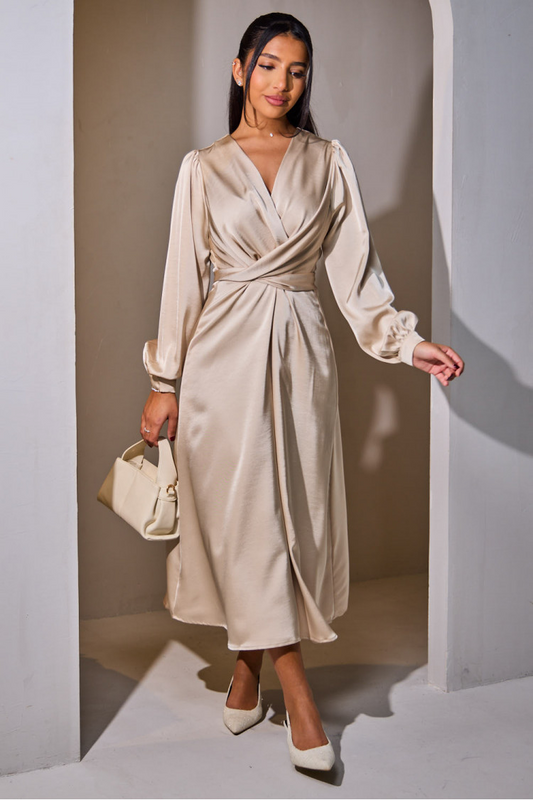 Beige satin belted dress