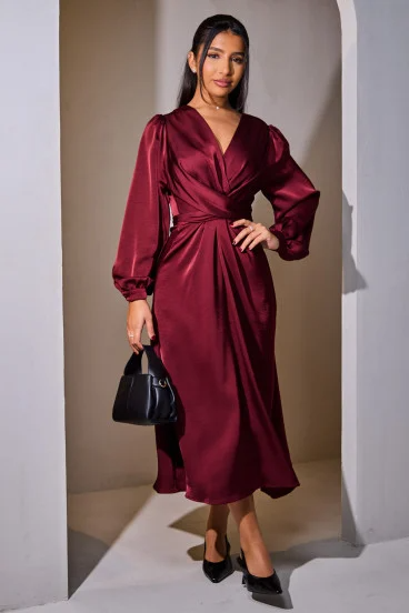 Belted satin burgundy dress