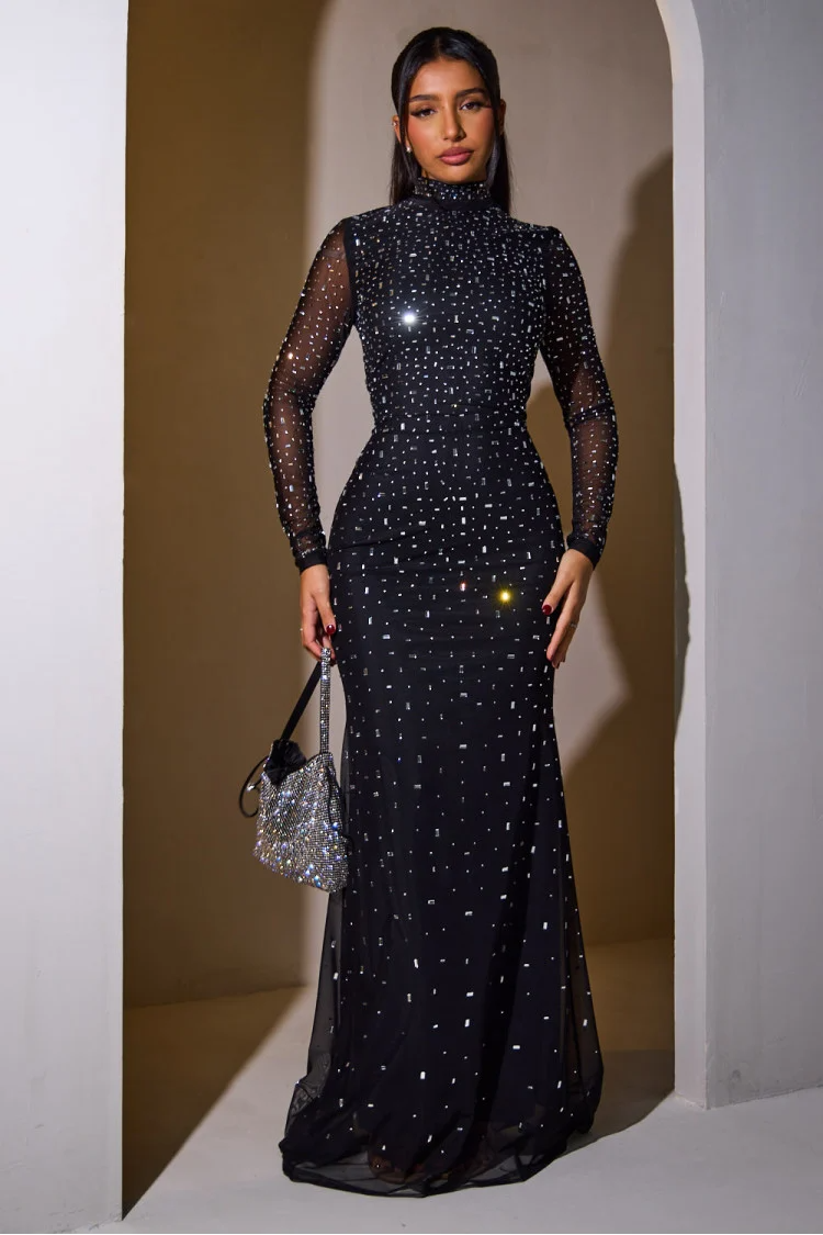 Long black dress with square rhinestones