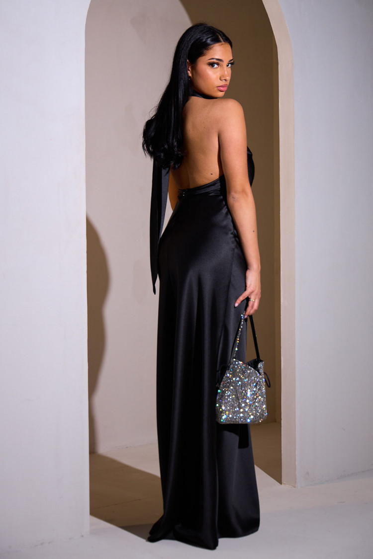 Black satin backless dress