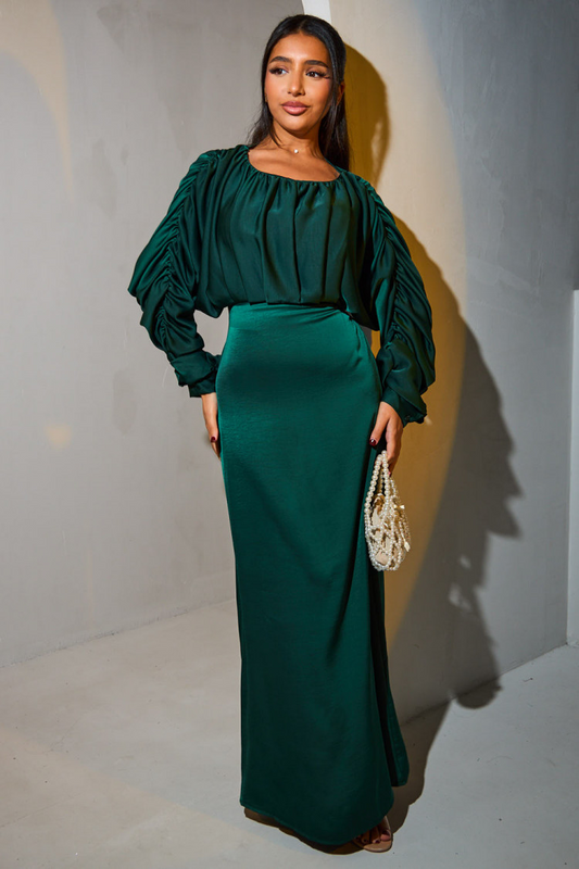 Green satin dress with pleated bardot neck